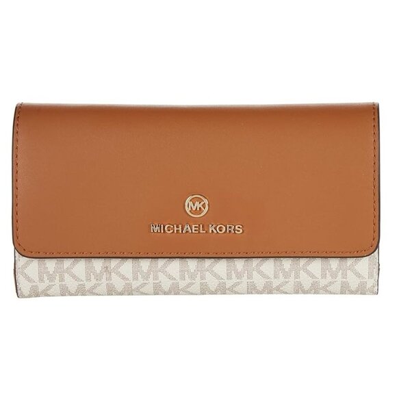 ✅ Michael Kors Jet Set Tri-Fold Large Logo Leather Wallet Acorn / Vanilla ✨ NWT - Picture 1 of 16